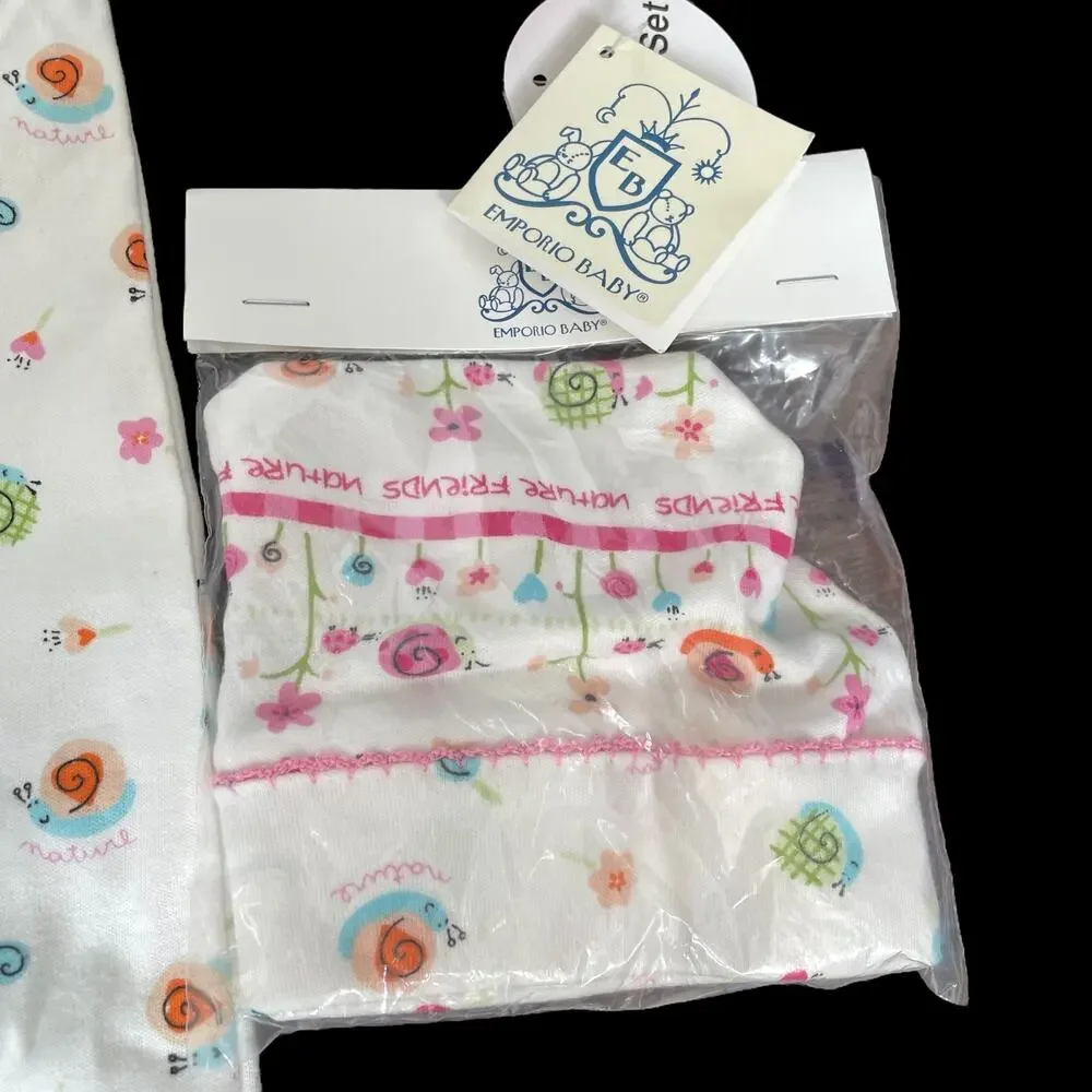 Emporio Baby Girl 4 Piece Set Footed One Piece w/ Swaddle Blanket Bib Pink NOS